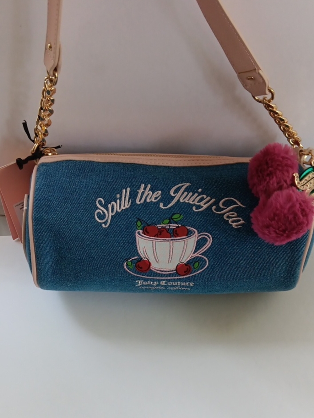 Juicy Couture Denim Crossbody Bag with Pink Trim and Pom Charm NWT